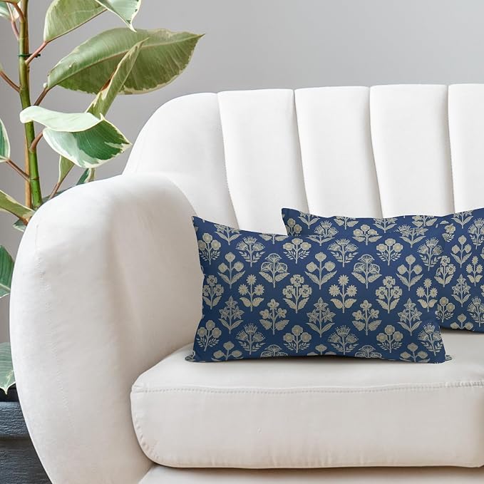 Blue Pillow Covers 12x20 Inch Set of 2, Cream Floral Block Print Pattern Lumbar Decorative Throw Pillowcases Outdoor Farmhouse Rectangle Cushion Covers Spring Summer Sofa Couch Bed Decor