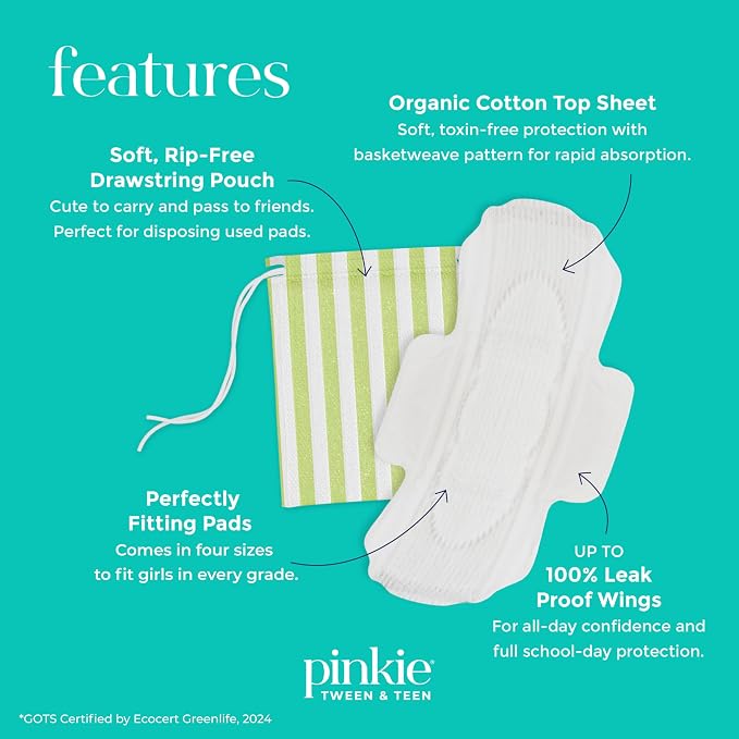 Pinkie Period Starter Pads - Designed for Smaller Underwear - Organic Cotton Topsheet Tween & Teen Pads with Wings - Chlorine Free & Fragrance Free - Teen Small, 18 Count
