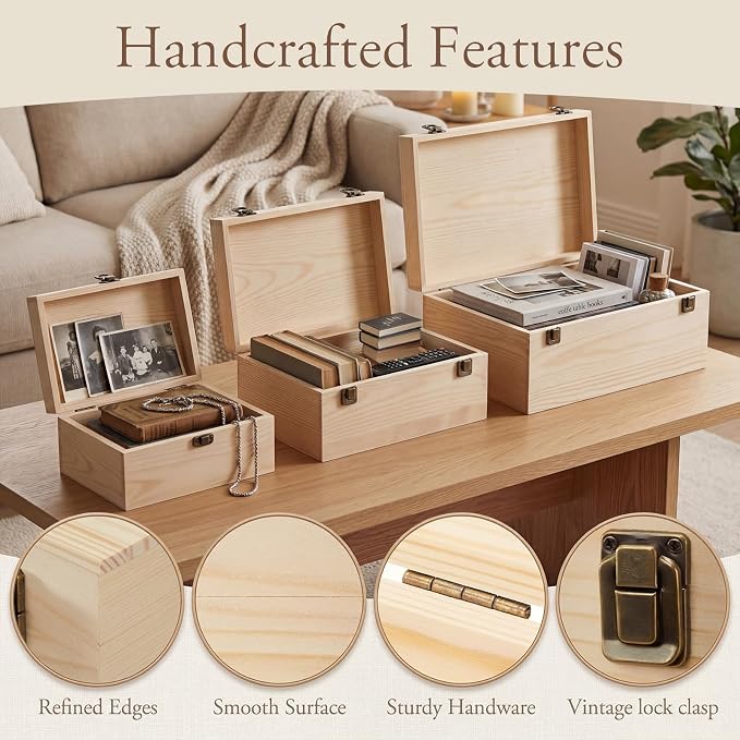 Sliner 3 Pcs Wooden Decorative Storage Boxes with Lids Vintage Wood Organizer Bins for Your Bookshelf Home Decor Safely Store Photos Documents Memory Jewelry Craft Storage (Natural Wood,S M L Size)