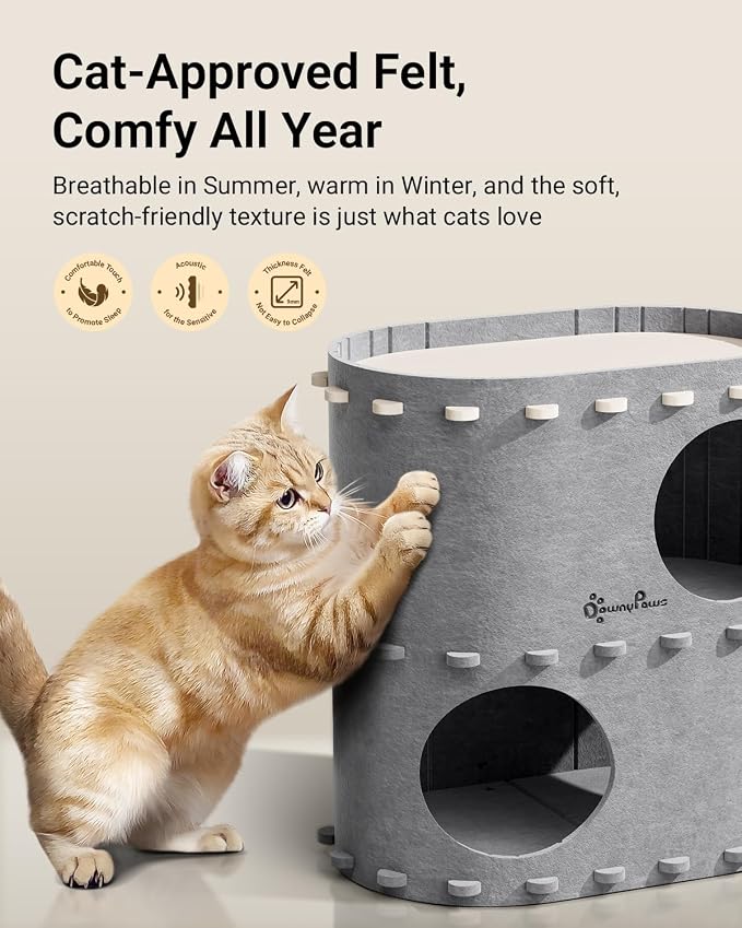 DownyPaws Cat House for Indoor Cats, 2-Storey Cat Bed Cave, Light Gray | Cat Hideaway Enclosed Bed,Cave Hideout Fort, Kitten Houses for Large Cats,Hide Box Bed Multicats Scratch Resistant