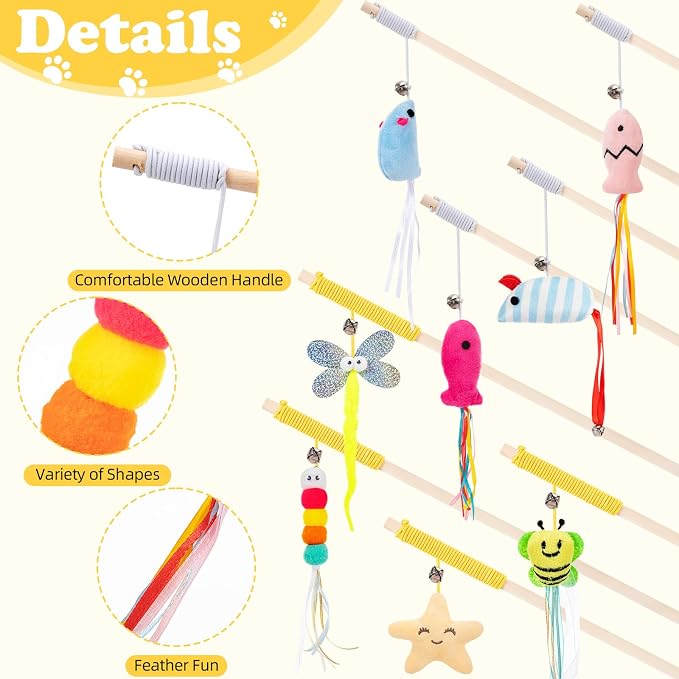 Leitee 16 Pcs Interactive Cat Toys for for Indoor Cats Set, Wooden Cat Wand Toywith Bells Feather Handle Chew Rope Mouse Sisal Balls Kitty Toys for Play Chase Exercise (Colorful)