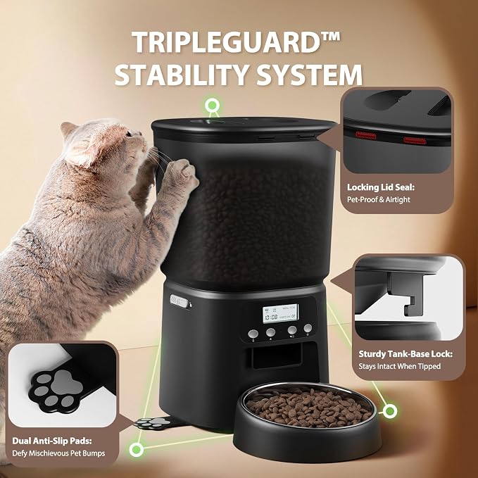 Petrice Automatic Cat Feeder, 4L/16Cups Cat Food Dispenser with Stainless Steel Bowl Programmable 30 Portions 6 Meals per Day, Timed Pet Feeder for Kitty Small Dogs with 10S Voice Record, Black