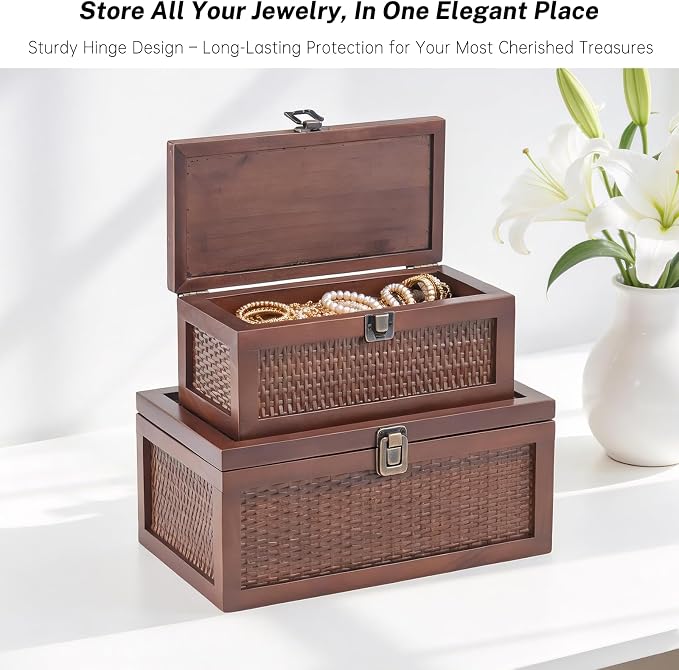 Decorative Box, Vintage Memory Box for keepsakes, Rattan Decorative Storage Boxes with Lids Set of 2, Wedding Keepsake Box for Crafts, trinket and Photo, Home Decor