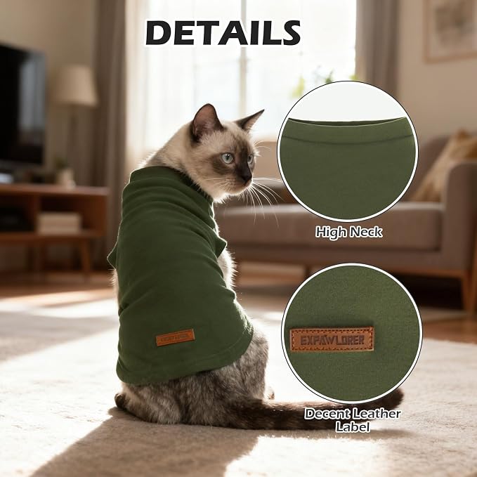 Cat Sweater Warm Fleece Pet Clothes for Cats Only | Soft Cat Vest Puppy Hoodie Coat, Fall Cold Winter Sweatshirt Pullover Clothing also for Small Dogs, Army Green S
