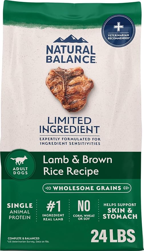 Natural Balance Limited Ingredient Adult Dry Dog Food - Complete Nutrition for Adult Dogs - Wholesome Grains Brown Rice Recipe - Limited Ingredient Formula - 24 lb - Lamb & Brown Rice
