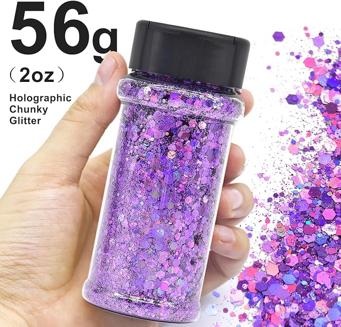 Grape - Light Purple - Craft Glitter - 2oz Glitter Shaker Bright Colorful Holographic Mix Chunky Body Glitter Bulk Wholesale 24 Colors in Shaker Cosmetic Glitter - EBLB802