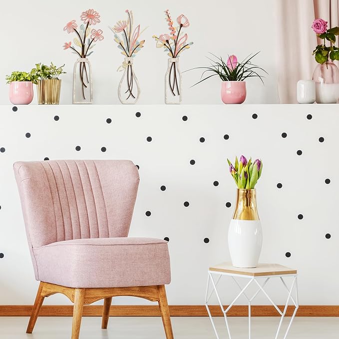 Pigort 3 Pieces Metal Flowers Wall Arts - Rustic Farmhouse Style Décor Metal Wall Art Black Minimalist Flower Natural Themed Wall Decors for Home Bedroom Dining Room Housewarming (Pink Beige)