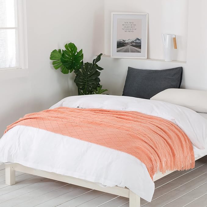 BOURINA Orange Throw Blanket 50x60Inch Boho Knitted Soft Throw Sofa Blanket | Knitted Throw Blanket 50x60 Inches, Soft Lightweight Boho Weave Throw Decorative Couch Blanket for Living Room Bedroom Chair
