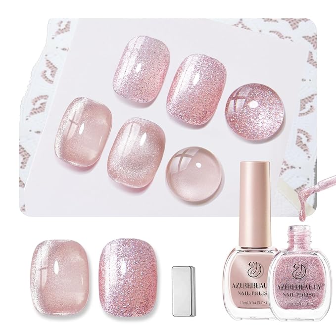 AZUREBEAUTY Cat Eye Nail Polish no Gel Fast Drying Pink Shimmer 2 Colors 10ml Natural Nail Lacquer High Shine DIY Salon Home Women Gifts