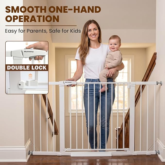 Mumeasy 36-58" Extra Wide Baby Gate for Stairs, 30" Tall Walk Through Dog Gate for Doorways & Hallways, Auto Close Pressure Mounted Safety Gate for Toddlers & Pets, Dual Swing Child Gate Indoor, White