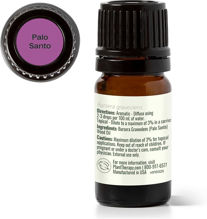 Plant Therapy Palo Santo Essential Oil 5 mL (1/6 oz), 100% Pure, Undiluted, Natural Calming Aromatherapy, Tension Headache, Pain Support