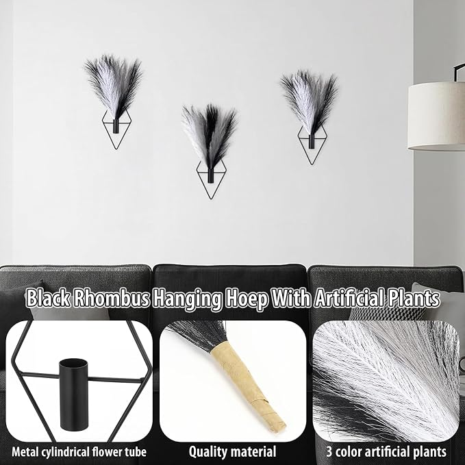 Hanaive 4 Sets Boho Wall Decor Metal Wall Art Hanging Planters with Artificial Pampas Display Modern Home Vase for Bedroom Home Office(Understated,Black，White，Light Gray)