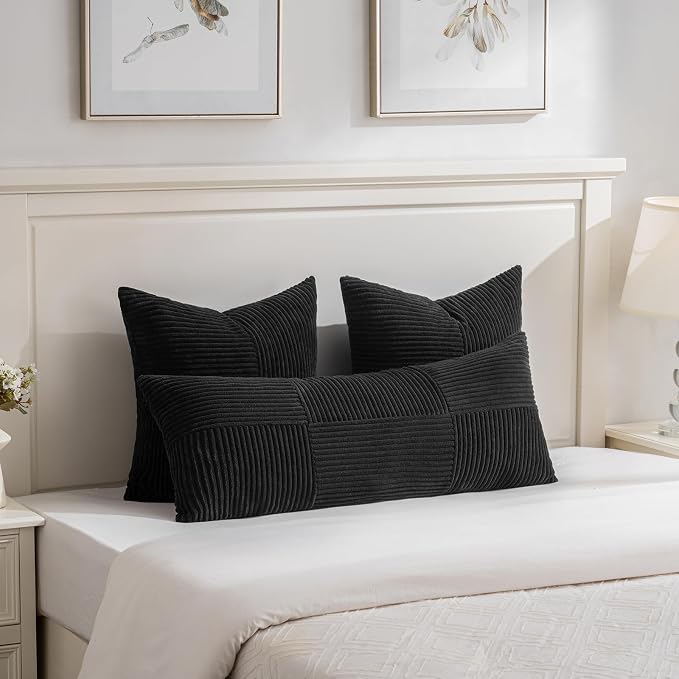 Fancy Homi Black Decorative Throw Pillow Covers 22x22 Inch for Living Room Couch Bed Sofa, Rustic Farmhouse Boho Home Decor, Soft Corss Corduroy Patchwork Accent Square Cushion Case 55x55 cm