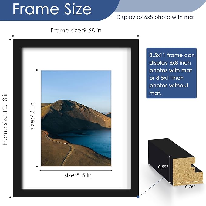 8.5x11 Picture Frame Set of 6, Wall Mounting Display, Black | Display 6x8 with Mat or 8.5x11 Without Mat, Horizontal or Vertical, Gallery Wall Frame Set for Wedding & Room & Home Decor