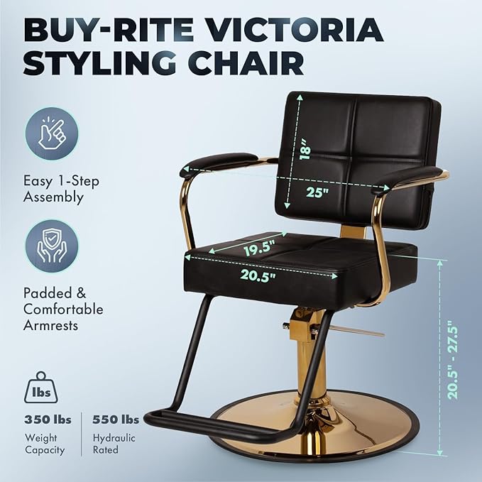 Buy-Rite Victoria Styling Chair for Professional Salons and Barbers, Gold Frame, Smooth All Black Premium Vinyl with Detailed Stitching, Hydraulic Pump, NIN-5506