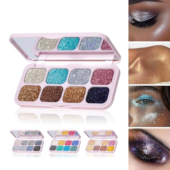 8-Color Glitter Eyeshadow Palette, Star Diamond Glitz, High Shine Metallic & Sparkle Shades, Long-Lasting Waterproof Eye Makeup, Smooth Blendable Powder for Party & Night Look
