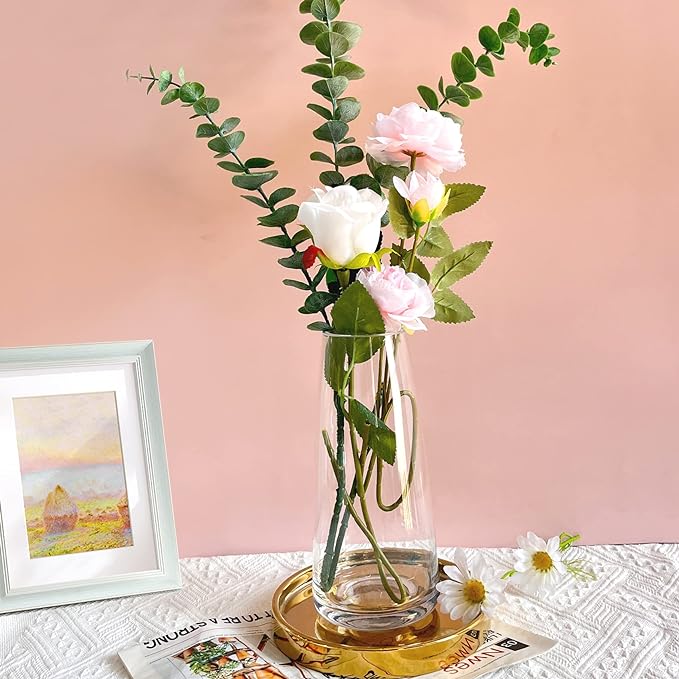 Aoderun Glass Vase for Flowers Modern Vases Home Decor Unique Flower Vase for Bouquet 8.7" Centerpiece Vase Decor Room,Bedroom,Living Room,Library,Office,Table,Entryway,Modern Farmhouse(Clear)