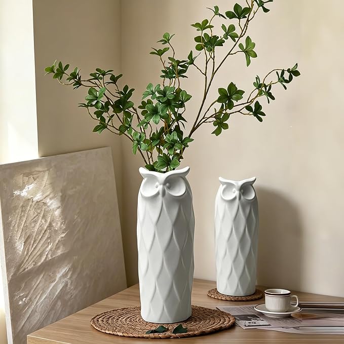 Owl Ceramic Vase Set of 2 for Living Room Bedroom 9.45'' and 8.27'' Modern White Fake Flower Plant Vases for Home Decor Office Table Shelf Fireplace Retro Rustic Farmhouse Vintage Classic Gift