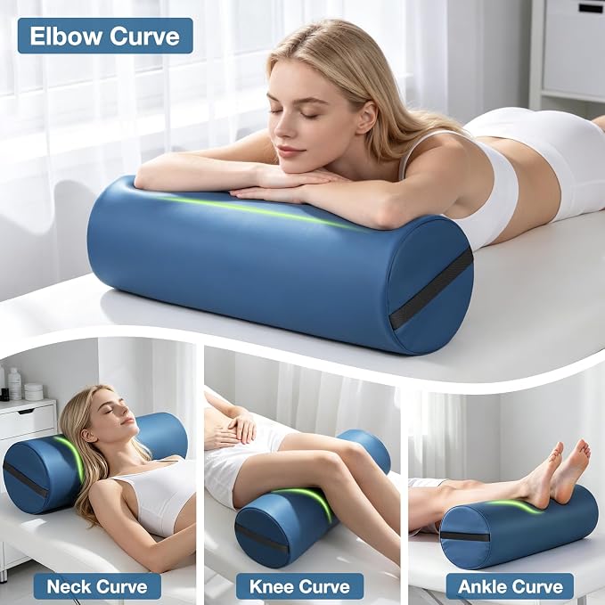PU Leather Round Bolster Pillow, 26 x 9 Inch Massage Bolsters for Under Legs with Strap Handle Massage Knee Pillow, Exercise Bolster for Legs Massage Table Roll Pillow Leg Bolster for Massage Table