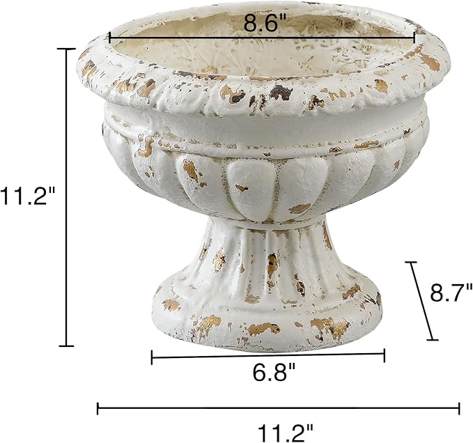 SOFE Vintage Large Pedestal Vase, 11 Inches Tall, Handmade Shabby Chic | Front Porch Garden Planters, White Resin Compote Flower Pot, French Country Home Decor, Landscaping Container Accent