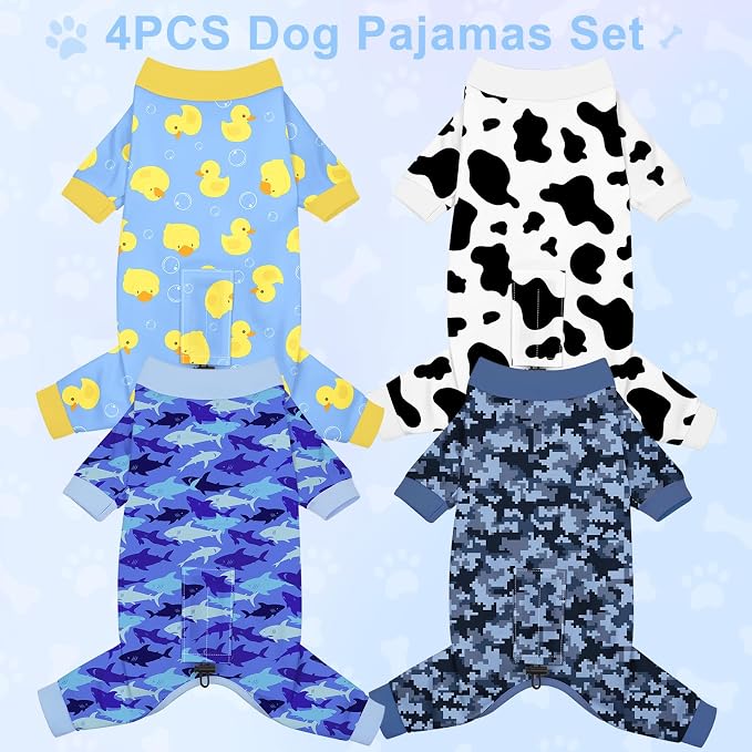 Bienbee Dog Pajamas, 4 Pack Adjustable Onesies for Small to Large Dogs XS | Dog Shedding Suit with Soft Fabric, Breathable & Stretchy, and Adjustable Back Length for Sleeping Lounging and Daily Use