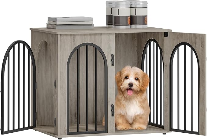 Hzuaneri 26.8'' Dog Crate Furniture, Dog Kennel Indoor for Small Dogs | Dog Kennel Furniture Wooden Dog Cage Heavy Duty Dog Crate Decorative Pet House End Side Table TV Stand,Greige Black DFC85505B