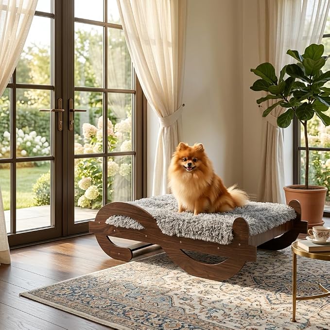 Wooden Elevated Dog Bed with Plush Mattress,M, Up to 60 lb | Raised Dog Bed Furniture with Walnut GrainPattern Frame, Designer Pet Sofa for Indoor Home Decor