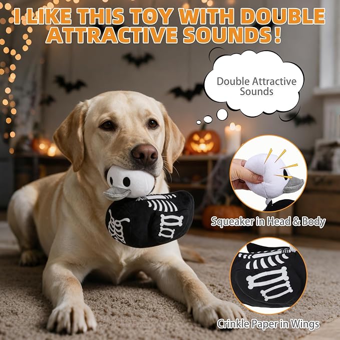 KOOLTAIL Halloween Squeaky Dog Toy, Skeleton Duck‑Shaped Interactive Durable Plush Toy with Crinkle Paper for Moderate Chewers, Toss & Fetch, Indoor Outdoor Cuddle Buddy for Small Medium Large Dogs