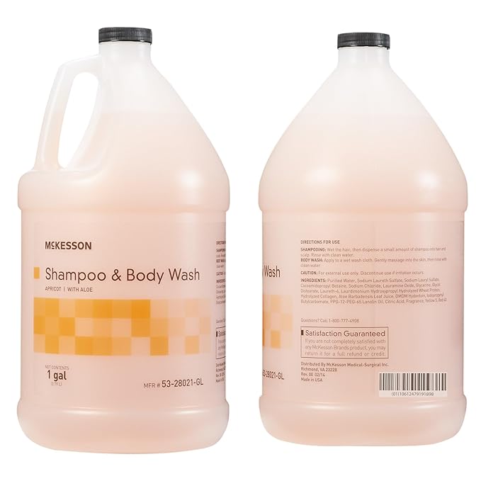 McKesson Body Wash and Shampoo [4 Count] - 1  Gallon Bulk Refill Full Body Wash with Aloe, Apricot Scent - Sensitive Skin & Hair 2‑in‑1