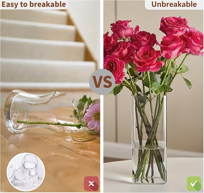 Acrylic Square Flower Vase, Non-breakable Vase, 5" x 5" x 10" Tall Clear Vases for Flower, Large Cube Floral Plant Container, Planter Terrarium for Wedding Party Event, Home Office Decor