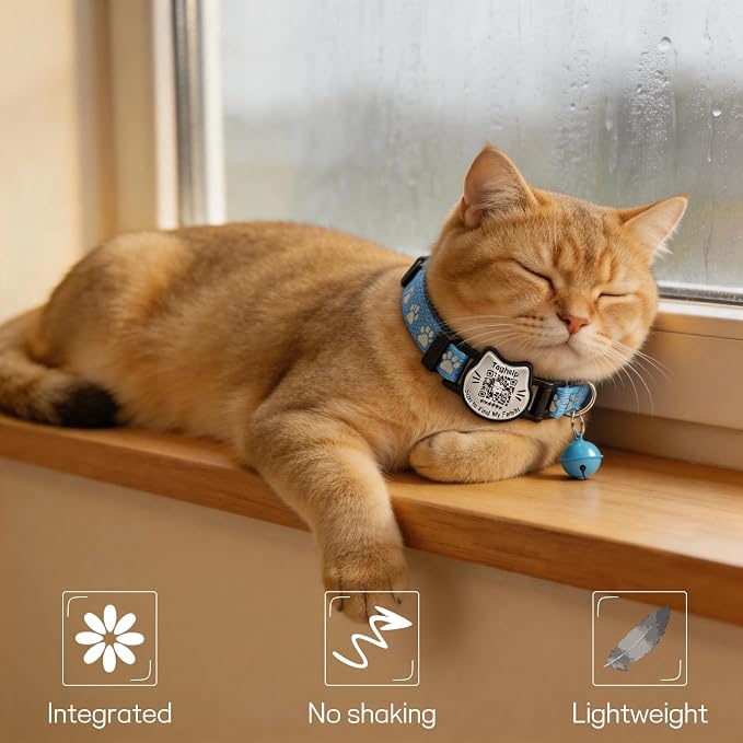 Breakaway Cat Collar with QR Code Tag and Bell (Black & Blue) | Reflective Nylon, Quick-Release Buckle