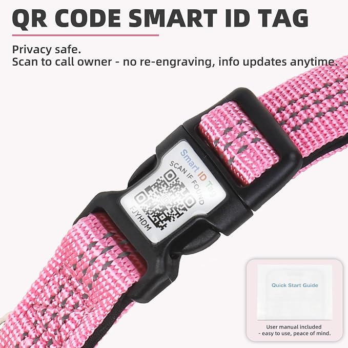 PUPTECK Airtag Dog Collar, Reflective with QR Code Buckle, Waterproof AirTag Holder Outdoor Tracking Pet Collars, Adjustable Soft Padded Durable for Small Medium Large Dogs Walking Training, Pink L