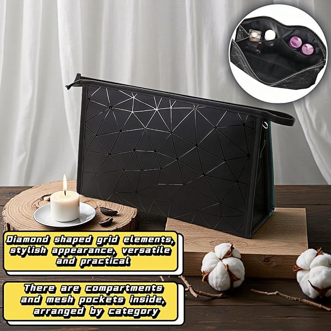 Btolin Geometric Pattern Cosmetic Storage Bag Leather Period Pouch for Women & Teens - Waterproof Small Makeup Bag | Portable Menstrual Pad/Tampon Holder | Black Travel Organizer