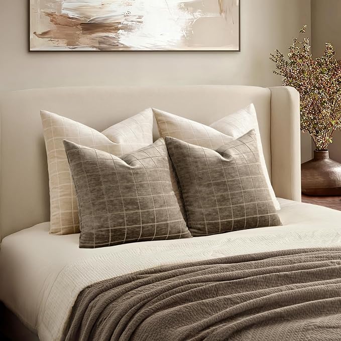 MIULEE Taupe Grey Plaid Fall Euro Throw Pillow Covers 22x22 Set of 2 | Vintage, Check Chenille Couch Pillows, Boho Farmhouse Cushion Covers, Modern Home Decor for Sofa Bed Living Room