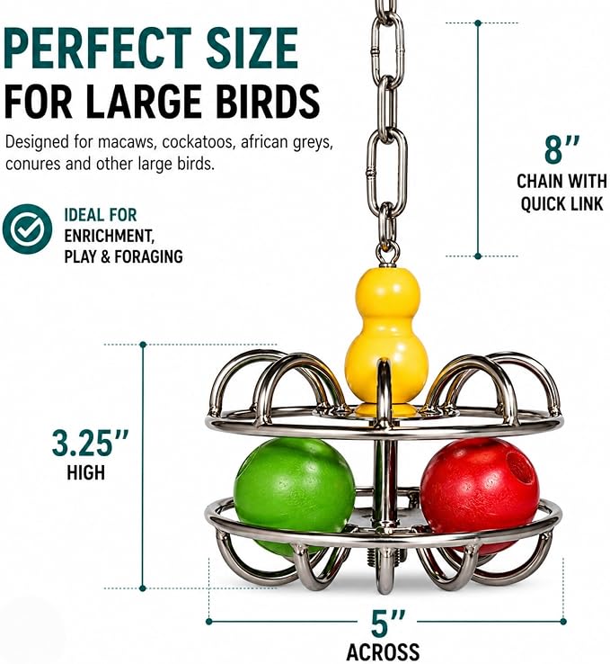 Bird Toys for Large Birds (Impossiball) Stainless Steel Foraging Treat Dispenser for Macaws, Cockatoos, Parakeets & Parrots | Durable Cage Accessory for Enrichment & Mental Stimulation