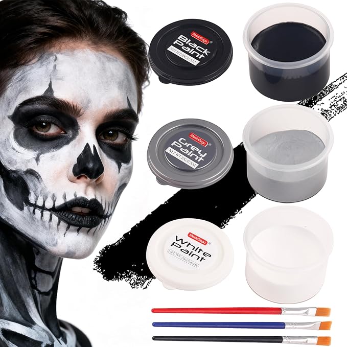 White Black Silver Face Body Paint with 3 Brushes, 60g(2.1 oz) Face Painting Set, Non-Toxic, Water Based Makeup for Halloween, Party, SFX, Cosplay, Theater