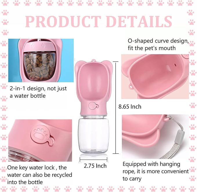 Pet Cat Puppy Dog Travel Water Bottle Dispenser with Food Container, Portable Dog Water Bottle for Walking Hiking Outdoor, Pink, 350ml/12oz