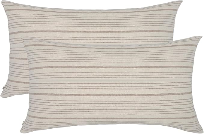 Tan Outdoor Striped Set of 2 Throw Pillow Covers 12x20 Cream Beige | Pack of 2 Pillow Cases Farmhouse Decorative Square Throw Pillows for Couch Sofa Bed