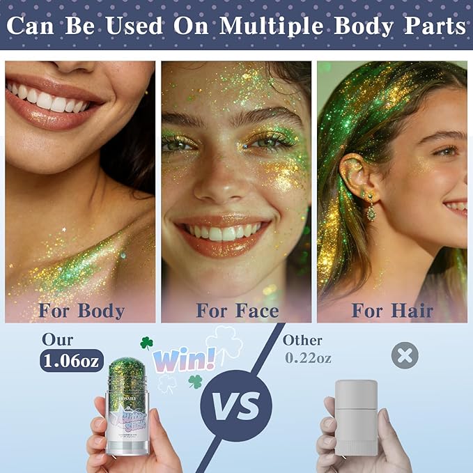 Chameleon Green Body Glitter Stick, Holographic St Patricks Day Accessories Face Hair Glitter Stick Rave Outfits, Shimmer Face Paint Singer Concert Festival Party Christmas Makeup, 1.06 OZ