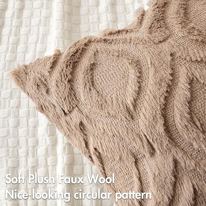 MIULEE Light Brown Soft Plush Faux Wool Throw Pillow Covers 16x16 | Set of 2, Farmhouse Boho Home Decor, Decorative Cushion Covers for Sofa, Living Room, Bed