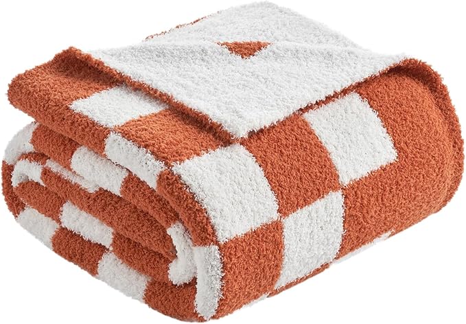 Snuggle Sac Checkered Throw Blanket for Couch, Super Soft, Cozy Warm Knit Blankets, Reversible Plaid Fluffy Throws for Sofa, Bed, Checkered Burnt Orange, 50x60 Inches