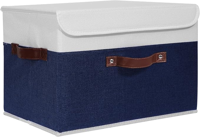 ANMINY Fabric Storage Box Bins with Lids, Blue White, 15"x10"x10" | Keepsake Memory Storage, Cotton Linen, PP Board Reinforced, Washable, PU Handles, Foldable & Stackable, Decorative, Large