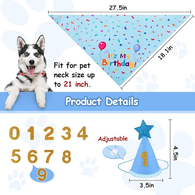 Dog Birthday Party Supplies,Dog Birthday Bandana,Dog Birthday Hat | Dog Birthday Decorations,Dog Boy Girl Birthday Party Hat with Numbers for Large Medium Small Dogs Pet (Blue),Soft,Breathable