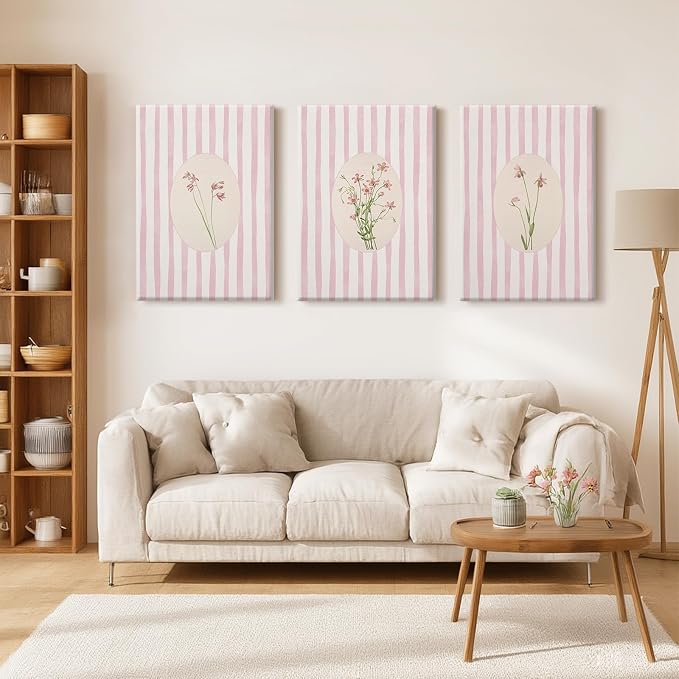Pink Flower Wall Art Striped Floral Prints Botanical Canvas Wall Decor Aesthetic Pictures Pastel Pink Floral Poster Minimalist Flower Painting for Girl Room 16x24 Inch Wrapped Canvas Set of 3