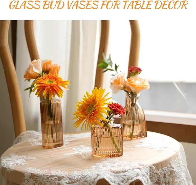 Bud Vases Set of 12, Amber Glass Bud Vase in Bulk for Decor | Small Glass Vases Modern Ribbed Amber Vase Flower Vase for Vintage Boho Wedding Centerpieces Rustic Home Table Decoration