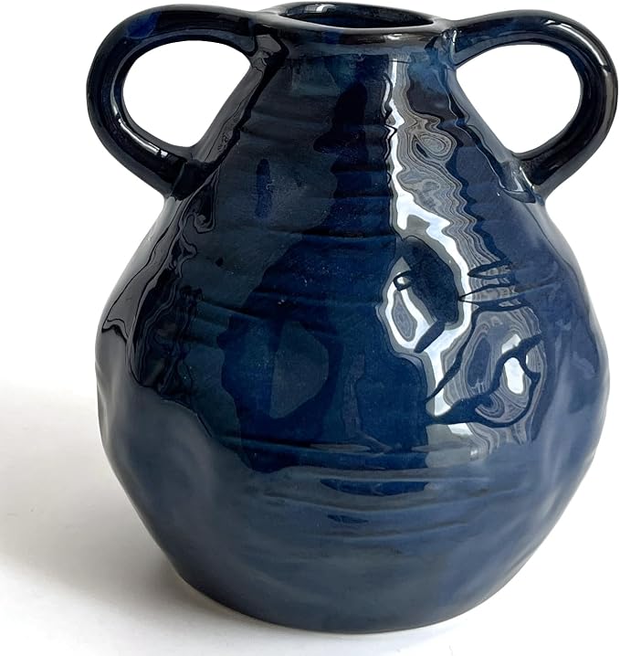 LIFFY Blue Ceramic Vase for Flowers, 6.3 Inch Tall Modern Farmhouse Centerpiece with Double Handles, Vintage Rustic Decorative Vases Home Table Decor (Navy Blue)