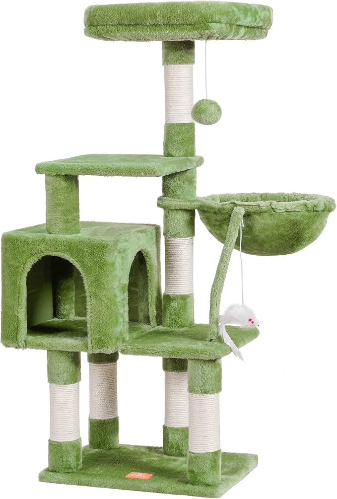 Heybly Cat Tree with Toy, 43.3 inch Cat Tower for Indoor Cats HCT004SGR | Cat Condo with Durable Sisal Scratching Posts, Cat House with Padded Plush Perch, Cozy Hammock, Green