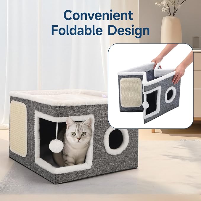 Shikha Cat House Bed for Indoor Cats with Fluffy Ball and Scratch Pad Grey | Foldable Large Cat Cave Hideaway with Cozy Condo, Hide and Seek Window, Holds Up to 30LBS, All Season Reversible Cushion