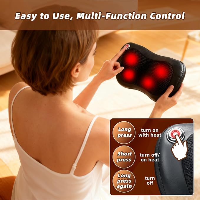 Zenopax Shiatsu Back and Neck Massager with Heat, 3D Deep Tissue Kneading, Cordless Rechargeable Electric Massage Pillow for Muscle Pain Relief, Use at Home, Car, Office, Gifts for Men Women