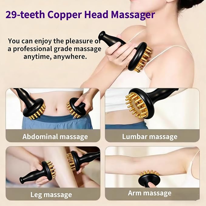 Cellulite Massage Tool 29 Teeth Copper Gua Sha Brush, Home SPA Body Relaxing and Stress Relief Handheld Massager, Meridian Massage Brush for Arms, Thighs, Glutes and Stomach (1 Pcs)